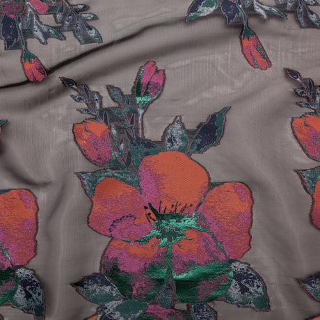 Metallic Evergreen, Cinnamon Stick and Boysenberry Floral Luxury Organza Jacquard