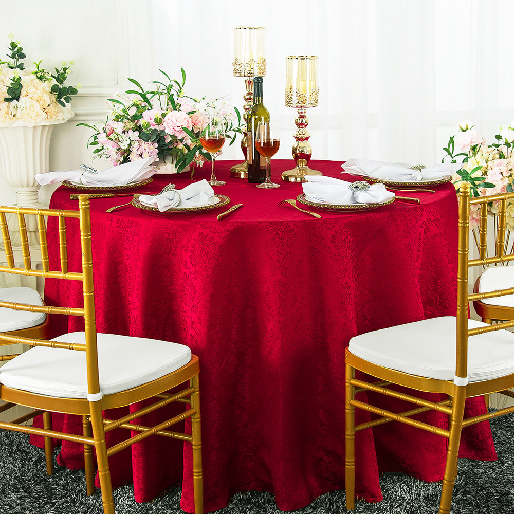 Round Polyester Tablecloth 132" Marquis Damask Apple Red