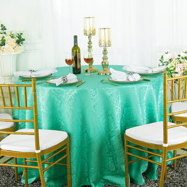 Round Polyester Tablecloth 132" Marquis Damask Jacquard Tiffany Blue/Aqua Blue