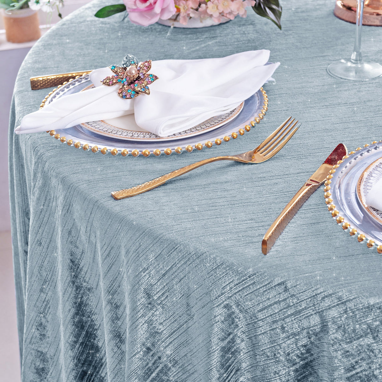 Cloth Dinner Napkins Chenille Shimmer Metallic Jacquard Velvet 20x20 Dusty Blue