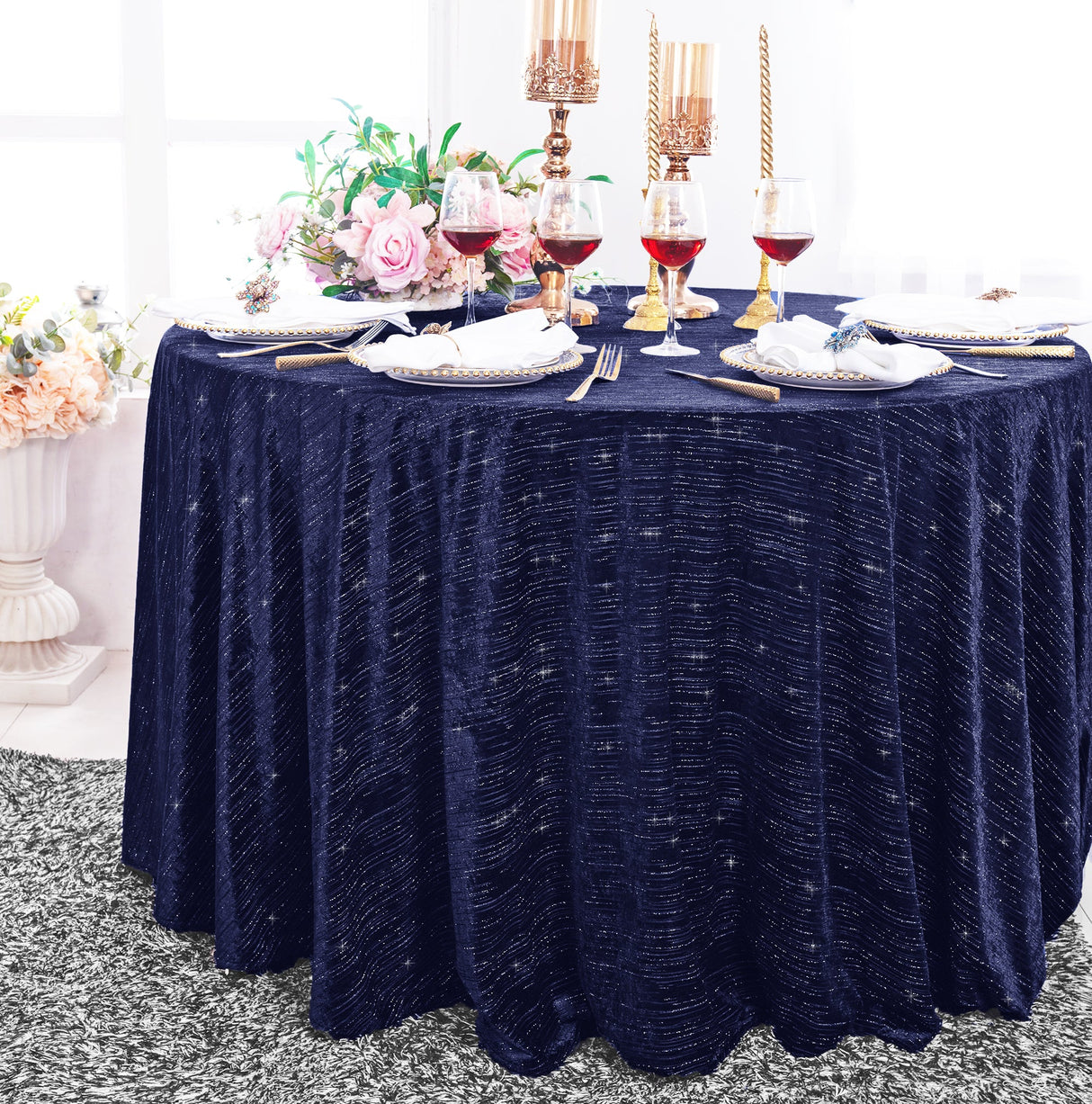 Premium Chenille Shimmer Metallic Velvet Round Tablecloth