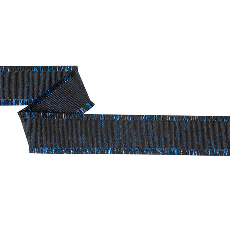 Italian Black and Magnetic Blue Metallic Grosgrain Ribbon with Fringe - 1.4375"