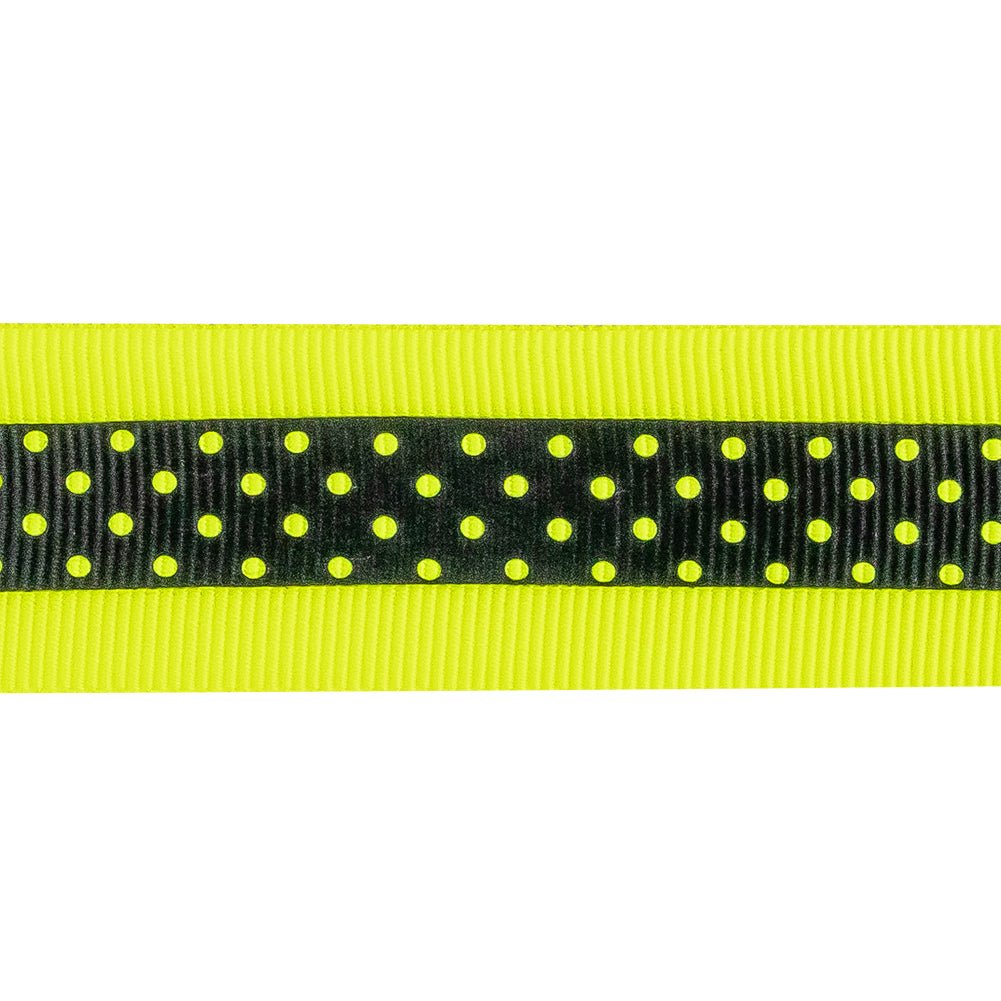 Italian Neon Yellow and Black Polka Dot Striped Petersham Grosgrain Ribbon - 1"