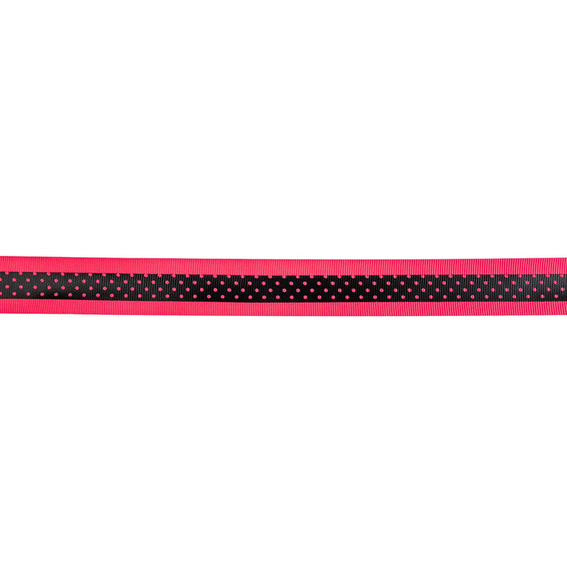 Italian Neon Pink and Black Polka Dot Striped Petersham Grosgrain Ribbon - 1"