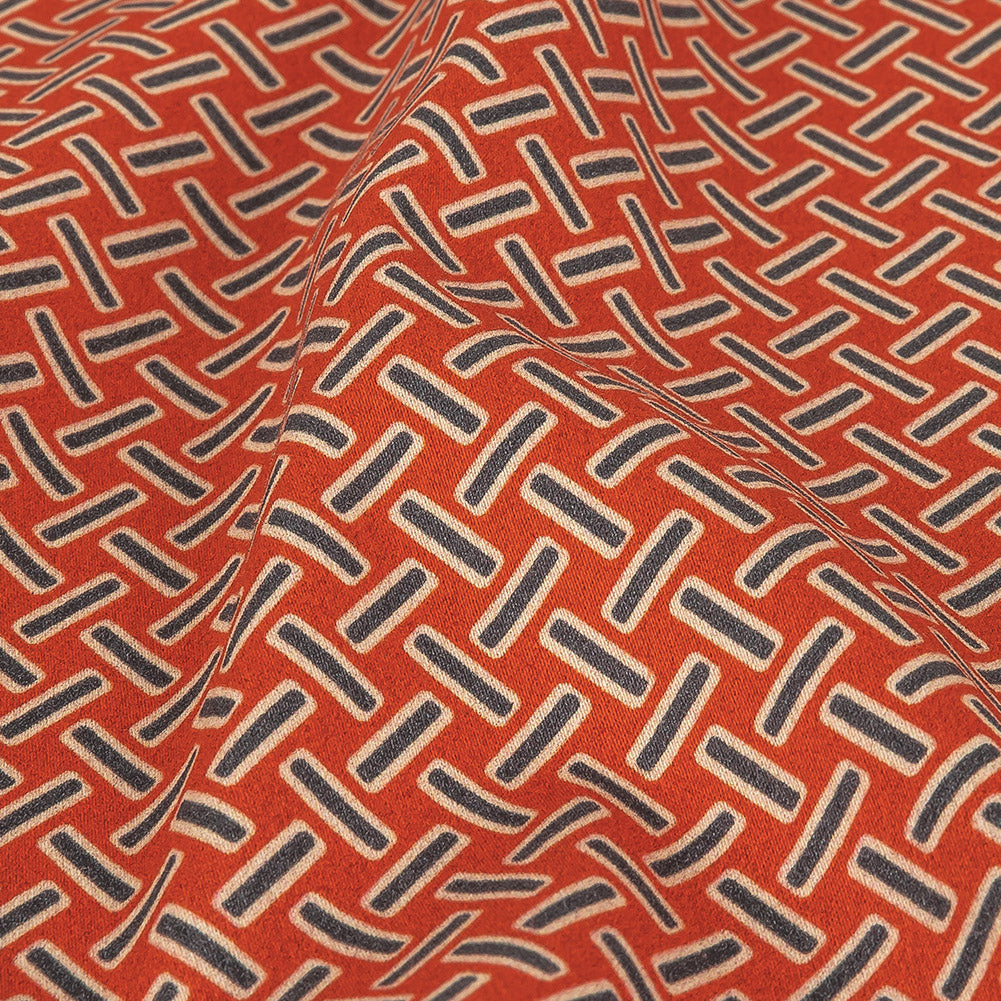 Stretch Cotton and Viscose Sateen Print - Burnt Orange and Blue Geometric Lattice - Mood Exclusive Cylindrically Angled