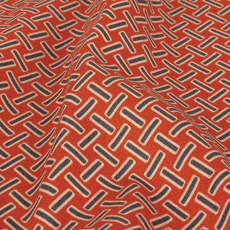 Stretch Cotton and Viscose Sateen Print - Burnt Orange and Blue Geometric Lattice - Mood Exclusive Cylindrically Angled