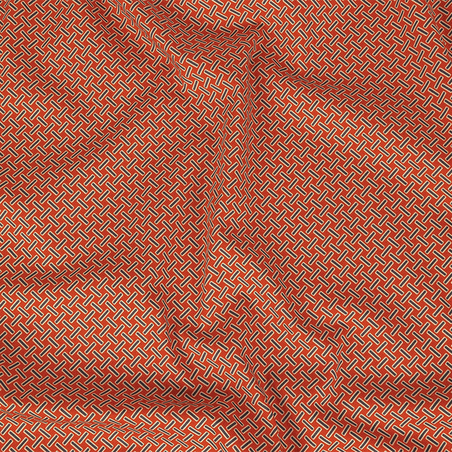 Stretch Cotton and Viscose Sateen Print - Burnt Orange and Blue Geometric Lattice - Mood Exclusive Cylindrically Angled