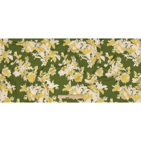 Slubbed Viscose Woven Print - Pea Green, Yellow and Cream Ikat Floral - Mood Exclusive Layers of Luxury
