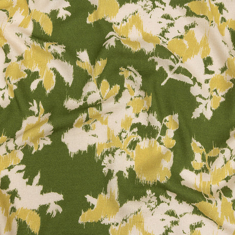 Slubbed Viscose Woven Print - Pea Green, Yellow and Cream Ikat Floral - Mood Exclusive Layers of Luxury