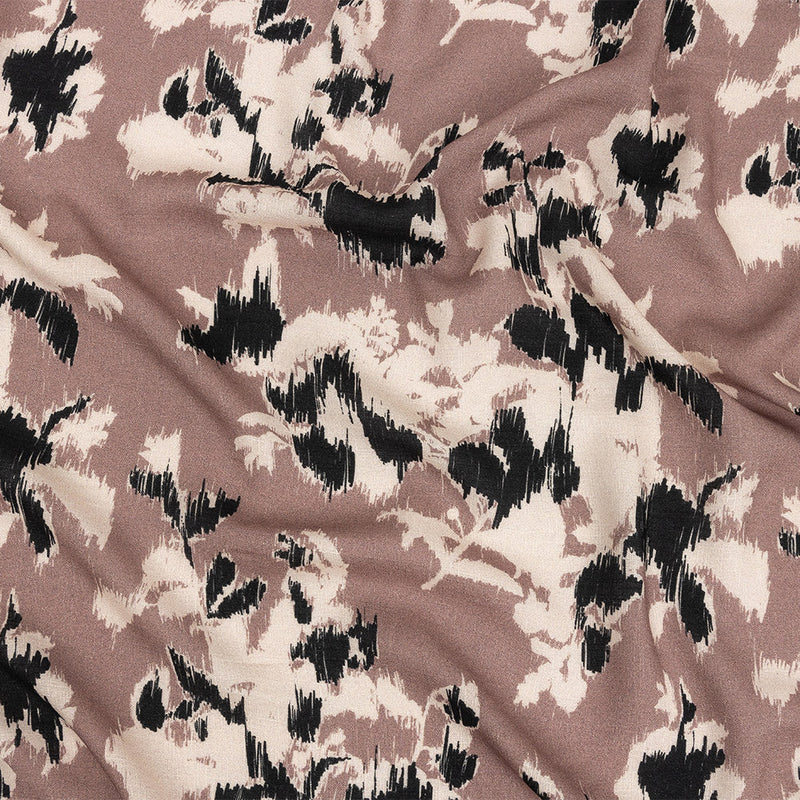 Slubbed Viscose Woven Print - Mauve, Black and Cream Ikat Floral - Mood Exclusive Layers of Luxury