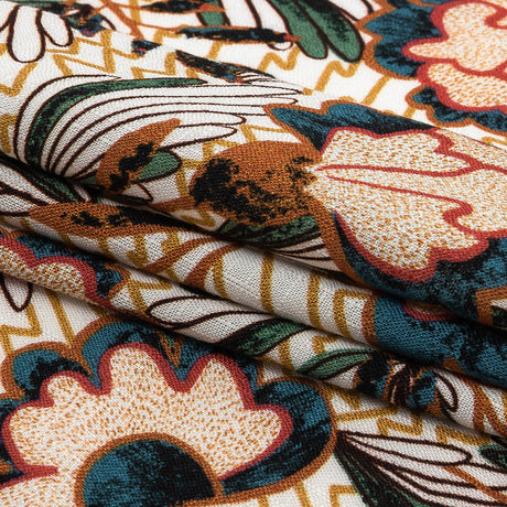Slubbed Viscose Woven Print - Mustard and Terracotta Floral and Zig Zag - Mood Exclusive Retro Blossoms