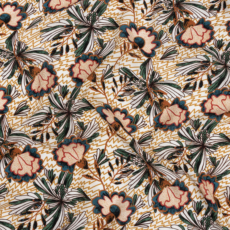 Slubbed Viscose Woven Print - Mustard and Terracotta Floral and Zig Zag - Mood Exclusive Retro Blossoms