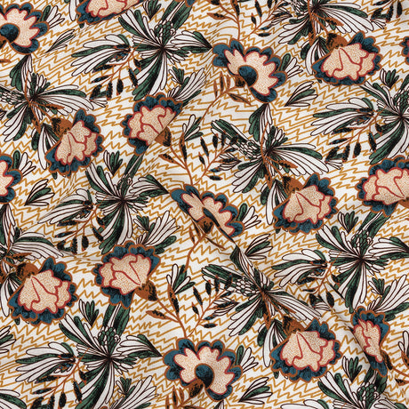 Slubbed Viscose Woven Print - Mustard and Terracotta Floral and Zig Zag - Mood Exclusive Retro Blossoms