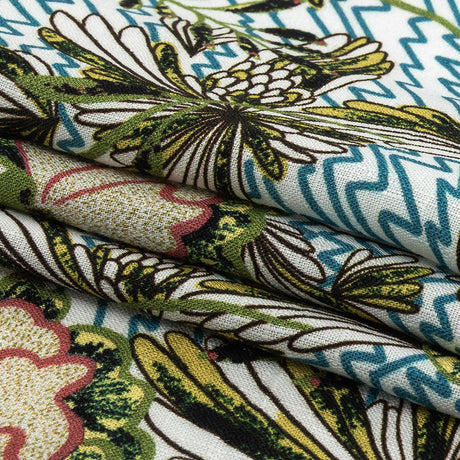 Slubbed Viscose Woven Print - Turquoise and Green Floral and Zig Zag - Mood Exclusive Retro Blossoms