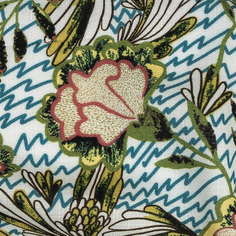 Slubbed Viscose Woven Print - Turquoise and Green Floral and Zig Zag - Mood Exclusive Retro Blossoms