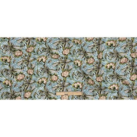 Slubbed Viscose Woven Print - Turquoise and Green Floral and Zig Zag - Mood Exclusive Retro Blossoms