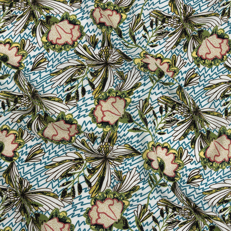 Slubbed Viscose Woven Print - Turquoise and Green Floral and Zig Zag - Mood Exclusive Retro Blossoms