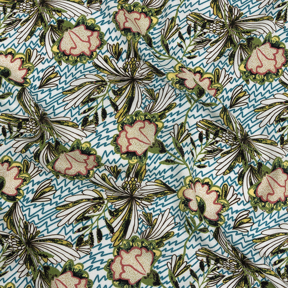 Slubbed Viscose Woven Print - Turquoise and Green Floral and Zig Zag - Mood Exclusive Retro Blossoms
