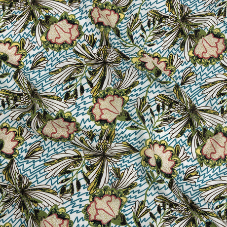 Slubbed Viscose Woven Print - Turquoise and Green Floral and Zig Zag - Mood Exclusive Retro Blossoms