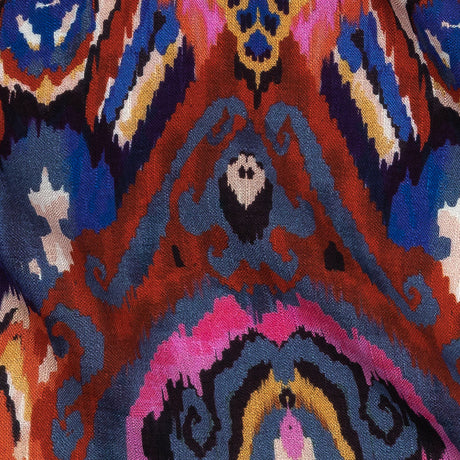 Slubbed Viscose Woven Print - Pink, Purple and Blue Ornate Ikat - Mood Exclusive Wavy Pigmentation