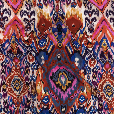 Slubbed Viscose Woven Print - Pink, Purple and Blue Ornate Ikat - Mood Exclusive Wavy Pigmentation