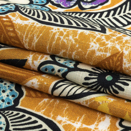 Slubbed Viscose Woven Print - Golden Orange and Blue Floral - Mood Exclusive Blackened Buds