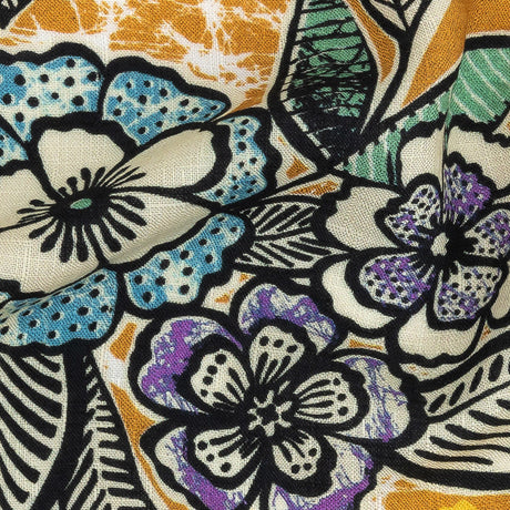 Slubbed Viscose Woven Print - Golden Orange and Blue Floral - Mood Exclusive Blackened Buds