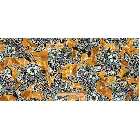 Slubbed Viscose Woven Print - Golden Orange and Blue Floral - Mood Exclusive Blackened Buds