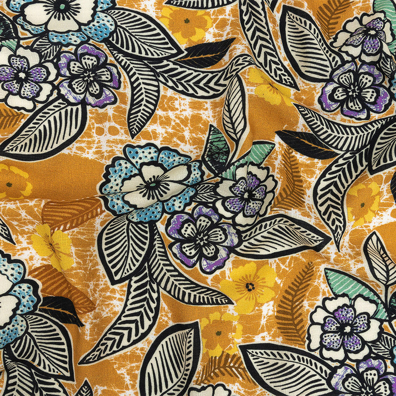 Slubbed Viscose Woven Print - Golden Orange and Blue Floral - Mood Exclusive Blackened Buds