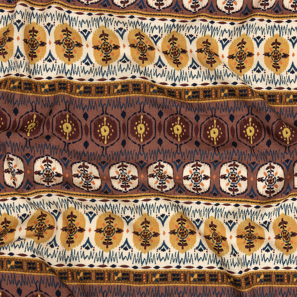 Slubbed Viscose Woven Print - Rust and Mustard Medallion Stripes - Mood Exclusive Hipster Haven