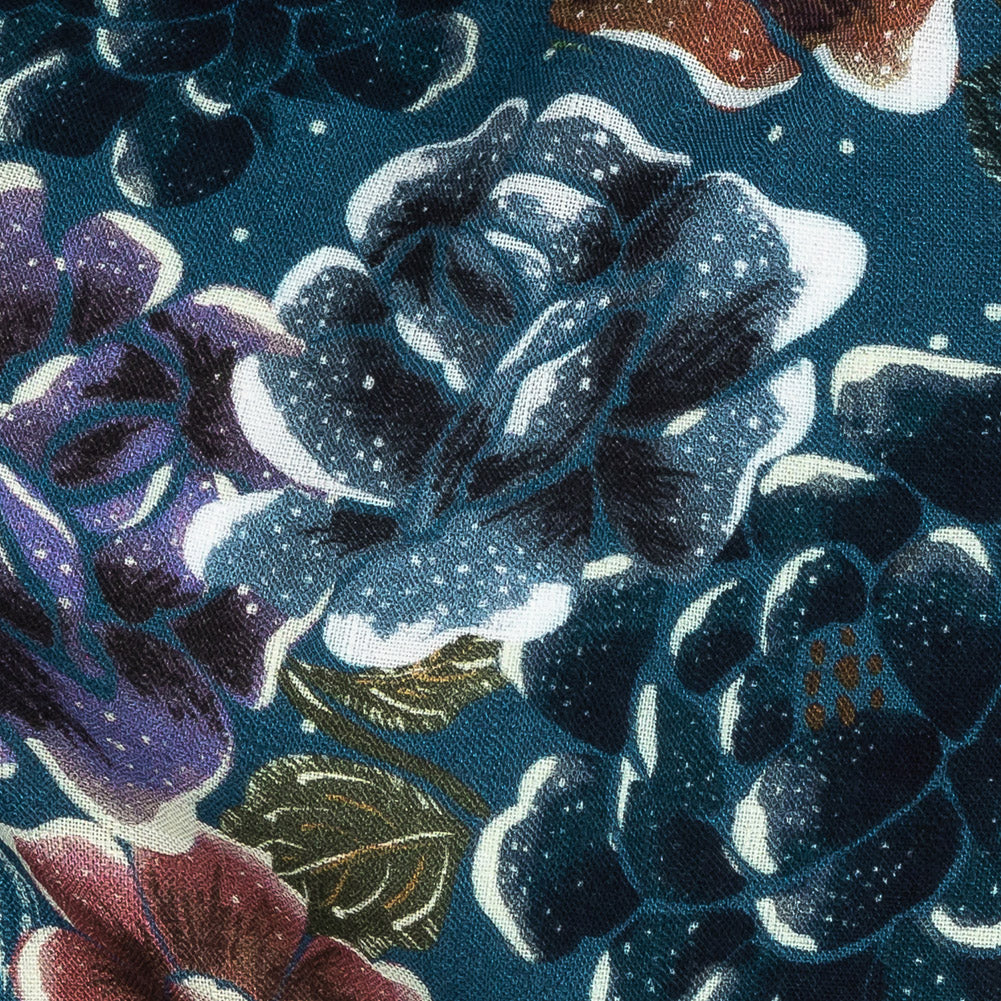 Slubbed Viscose Woven Print - Bright Navy Diamonds and Floral - Mood Exclusive Melange de Fleurs