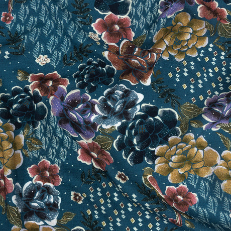 Slubbed Viscose Woven Print - Bright Navy Diamonds and Floral - Mood Exclusive Melange de Fleurs