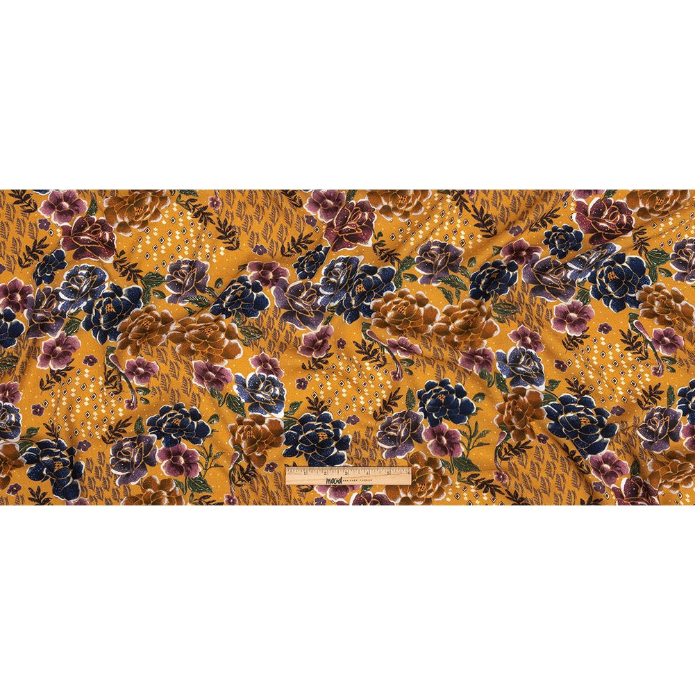 Slubbed Viscose Woven Print - Gamboge Yellow Diamonds and Floral - Mood Exclusive Melange de Fleurs