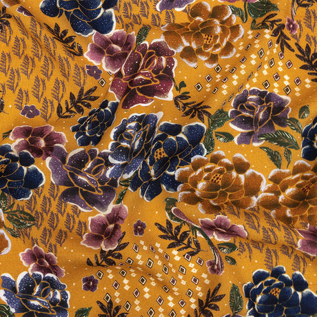 Slubbed Viscose Woven Print - Gamboge Yellow Diamonds and Floral - Mood Exclusive Melange de Fleurs