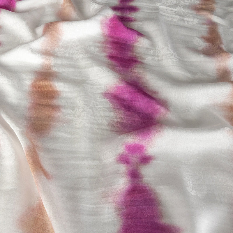 Flowery Viscose Jacquard Print - Violet and Peach Tie Dye Stripes - Mood Exclusive Cloud Writing