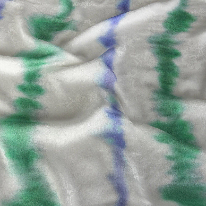 Flowery Viscose Jacquard Print - Green and Blue Tie Dye Stripes - Mood Exclusive Cloud Writing