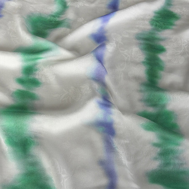 Flowery Viscose Jacquard Print - Green and Blue Tie Dye Stripes - Mood Exclusive Cloud Writing