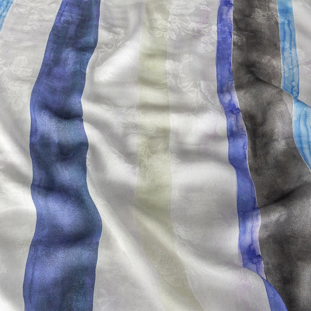 Flowery Viscose Jacquard Print - Blue, Black and Cream Painterly Stripes - Mood Exclusive Wayfaring Waterlines