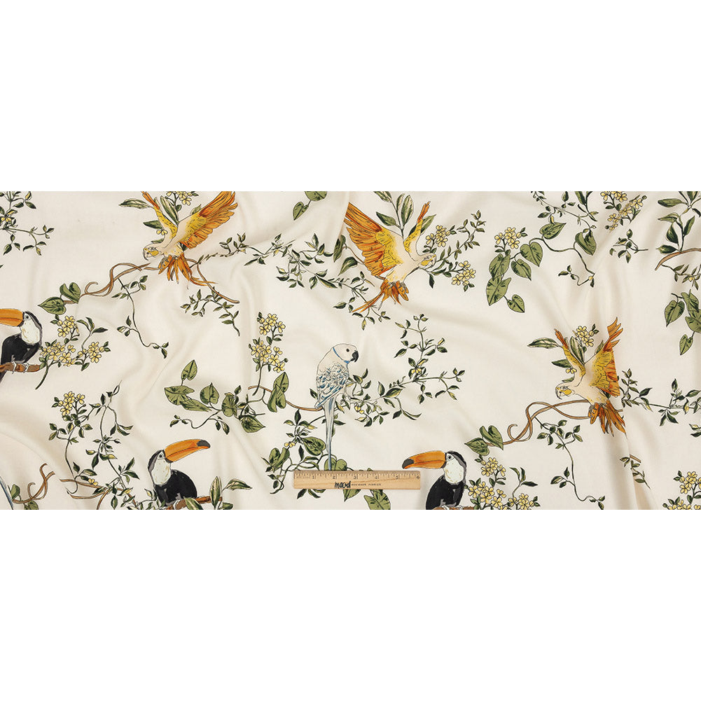 Sustainable Viscose Woven Print - Ivory and Green Birds in Branches - Mood Exclusive Avian Adoration