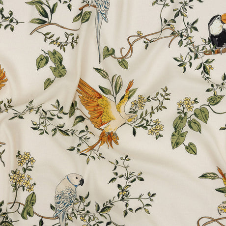 Sustainable Viscose Woven Print - Ivory and Green Birds in Branches - Mood Exclusive Avian Adoration