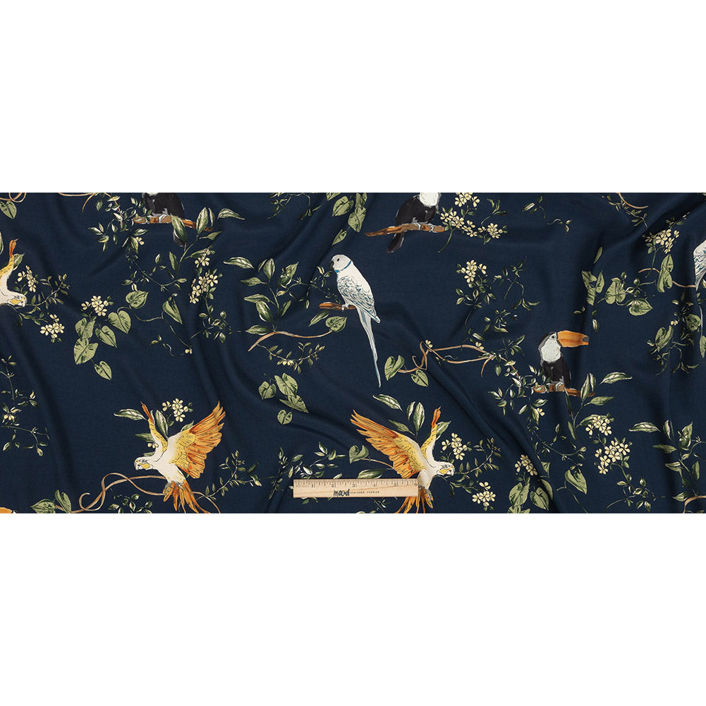 Sustainable Viscose Woven Print - Navy and Green Birds in Branches - Mood Exclusive Avian Adoration