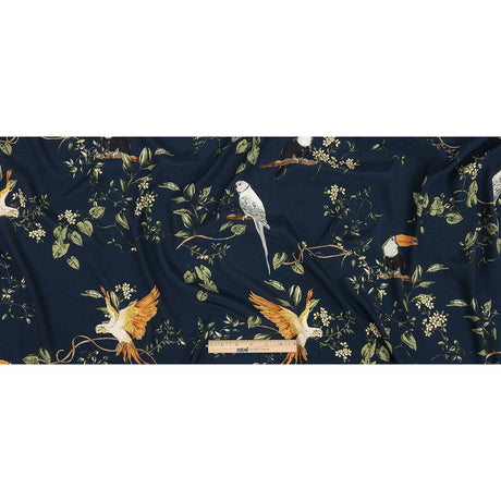 Sustainable Viscose Woven Print - Navy and Green Birds in Branches - Mood Exclusive Avian Adoration