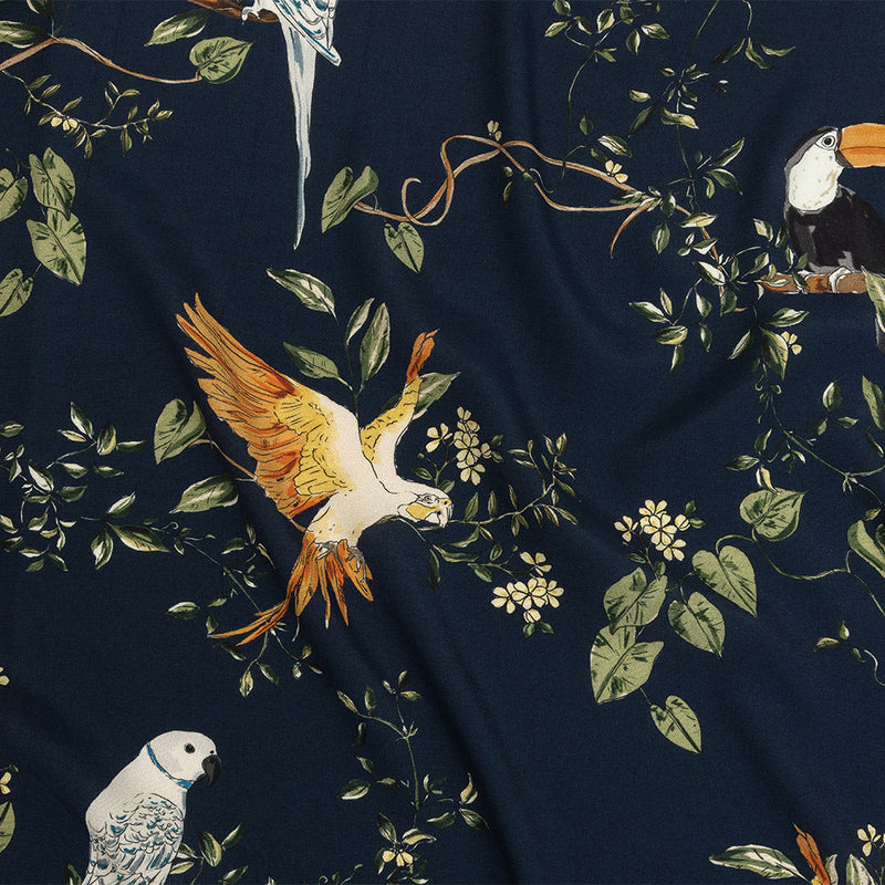 Sustainable Viscose Woven Print - Navy and Green Birds in Branches - Mood Exclusive Avian Adoration