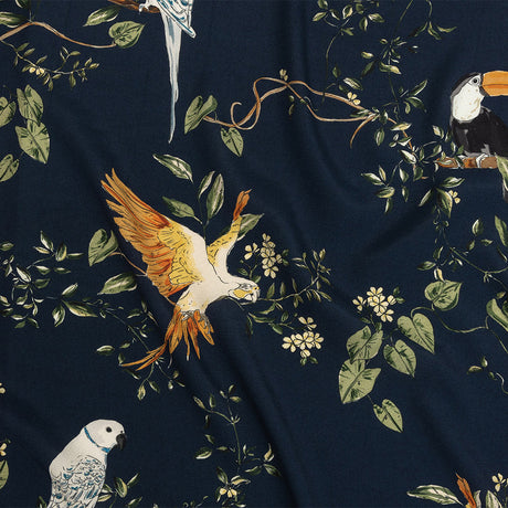 Sustainable Viscose Woven Print - Navy and Green Birds in Branches - Mood Exclusive Avian Adoration