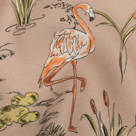 Sustainable Viscose Woven Print - Taupe, Pink and Green Flamingoes and Plants - Mood Exclusive Flamingo Festivities