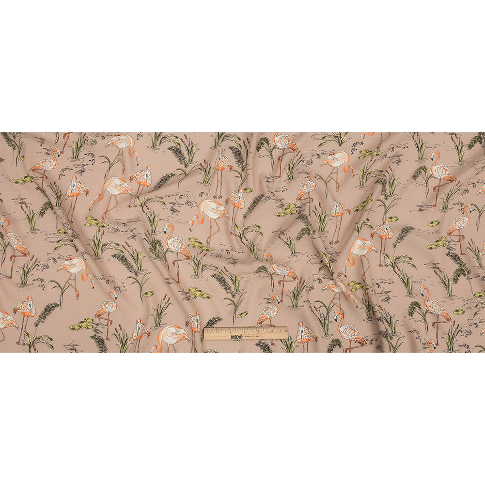 Sustainable Viscose Woven Print - Taupe, Pink and Green Flamingoes and Plants - Mood Exclusive Flamingo Festivities