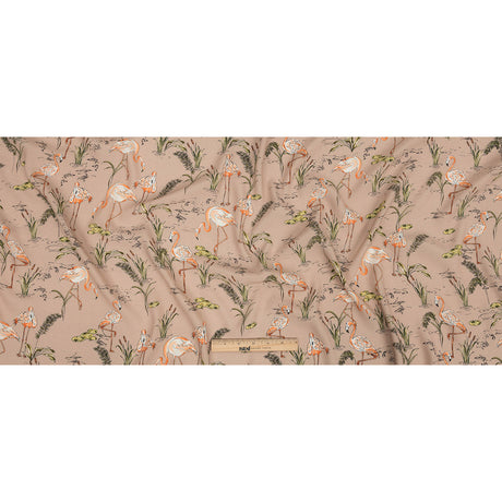 Sustainable Viscose Woven Print - Taupe, Pink and Green Flamingoes and Plants - Mood Exclusive Flamingo Festivities