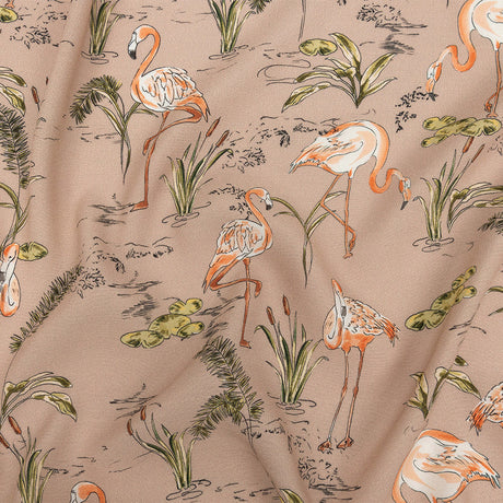 Sustainable Viscose Woven Print - Taupe, Pink and Green Flamingoes and Plants - Mood Exclusive Flamingo Festivities
