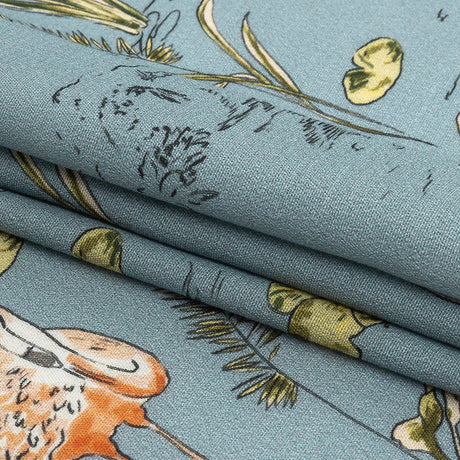 Sustainable Viscose Woven Print - Steel Blue, Pink and Green Flamingoes and Plants - Mood Exclusive Flamingo Festivities