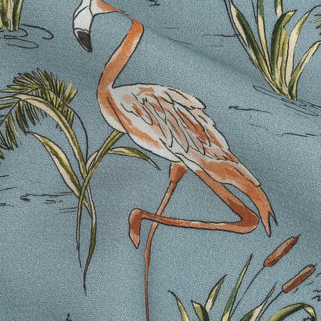 Sustainable Viscose Woven Print - Steel Blue, Pink and Green Flamingoes and Plants - Mood Exclusive Flamingo Festivities